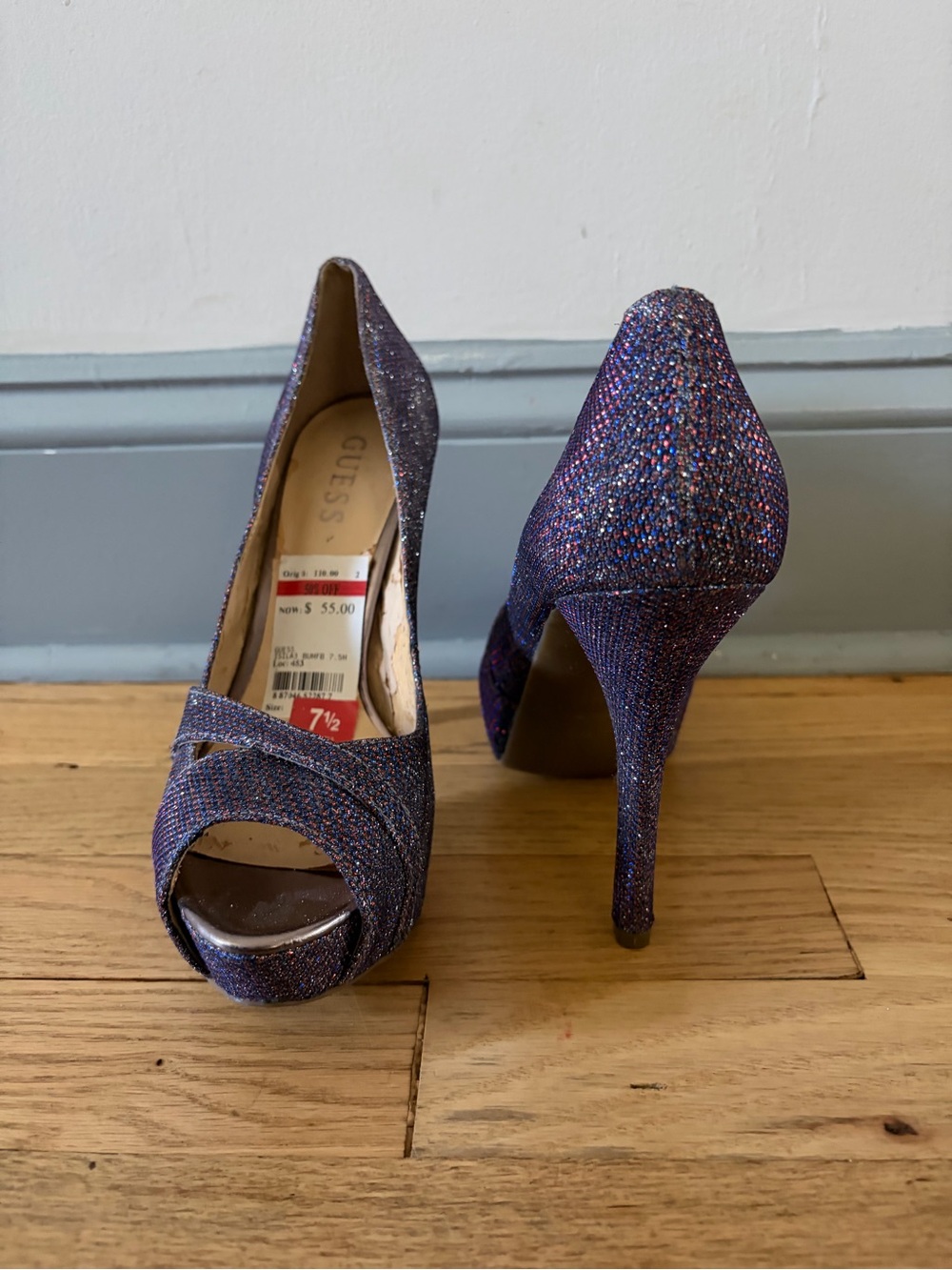 GUESS Iridescent Purple Glitter Peep-Toe High Heels